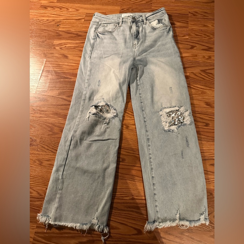 Distressed Light Blue Jeans with Sequin Patches size 31